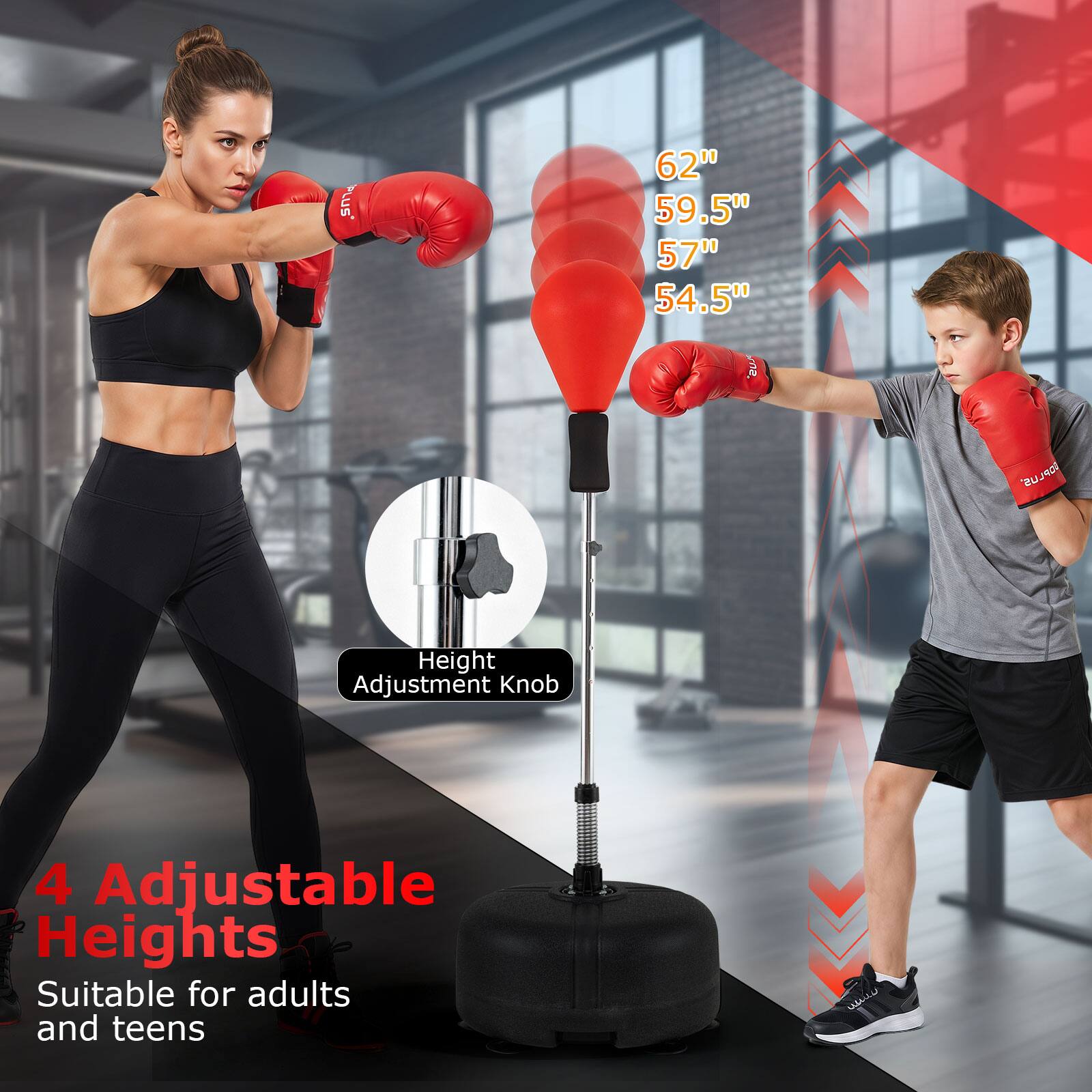 PLUS*

62" 59.5" 57" 54.5" "ZU

OPLUS LUS

Height Adjustment Knob

4 Adjustable Heights Suitable for adults and teens