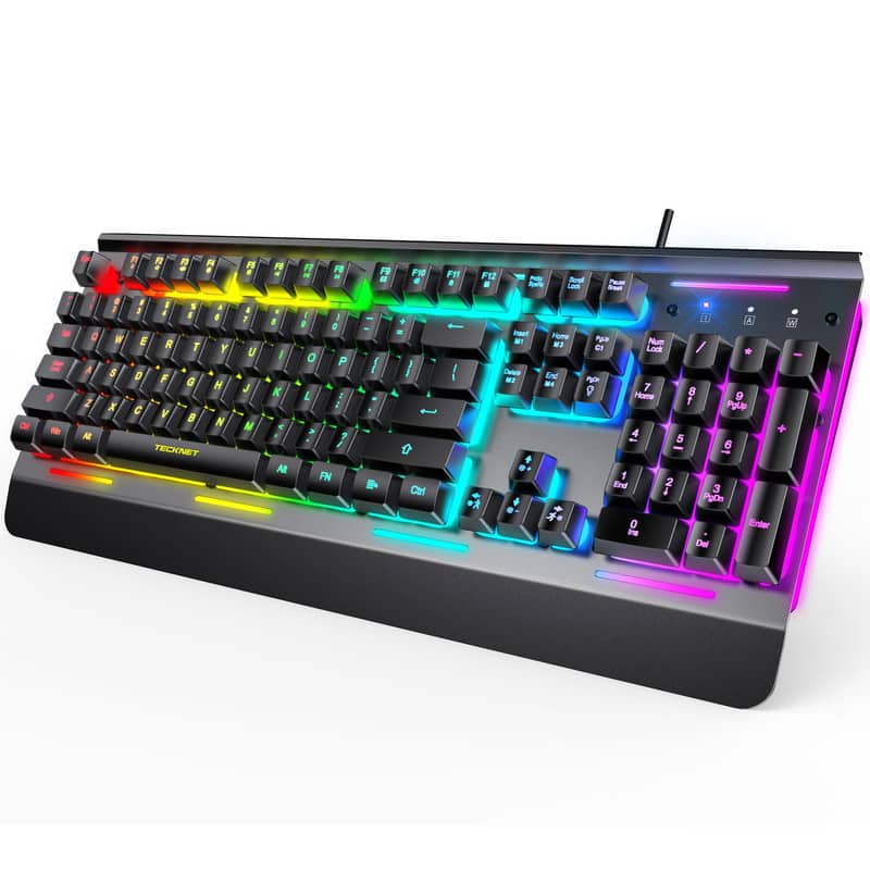 Luckbyte - RGB Wired Gaming Keyboard - Quiet Switches, Waterproof Metal Design, Ergonomic Wrist Rest, 25 Anti-ghosting Keys for PC - Black