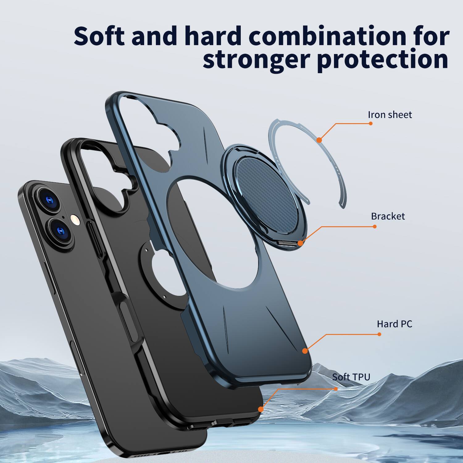 Soft and hard combination for stronger protection

Iron sheet
Bracket
Hard PC
Soft TPU