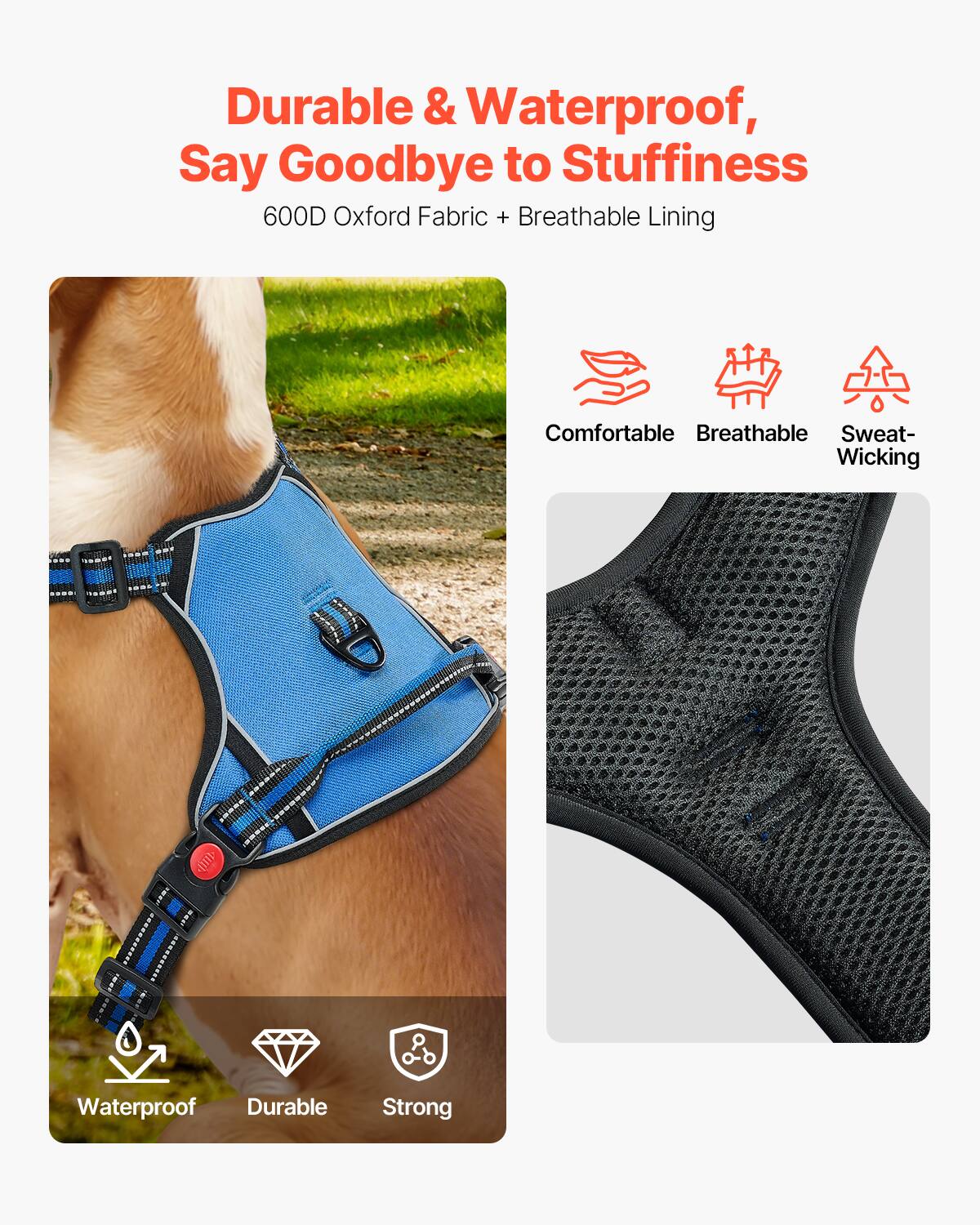 Durable & Waterproof, Say Goodbye to Stuffiness

600D Oxford Fabric + Breathable Lining

Comfortable  
Breathable  
Sweat-Wicking

Waterproof  
Durable  
Strong