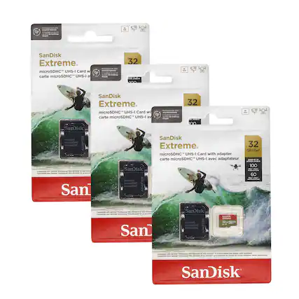 SanDisk Extreme
microSDHC™ UHS-I Card with adapter
carte microSDHC™ UHS-I avec adaptateur
32 GB/Go
V30
U3
A1
100 MB/s
60
VINTAGE 2021
100% recyclable packaging
Compatible with SanDisk Professional PRO-READER SD and microSD
Compatible avec SanDisk Professional PRO-READER SD et microSD
SanDisk