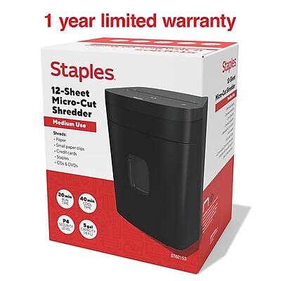 1 year limited warranty

Staples
12-Sheet Micro-Cut Shredder
Medium Use

Shreds:
- Small paper clips
- Credit cards
- CDs & DVDs

20 min
40 min
40 sheets
5 gal
5 LEVELS

SECURITY
COOL TOE

$T62153