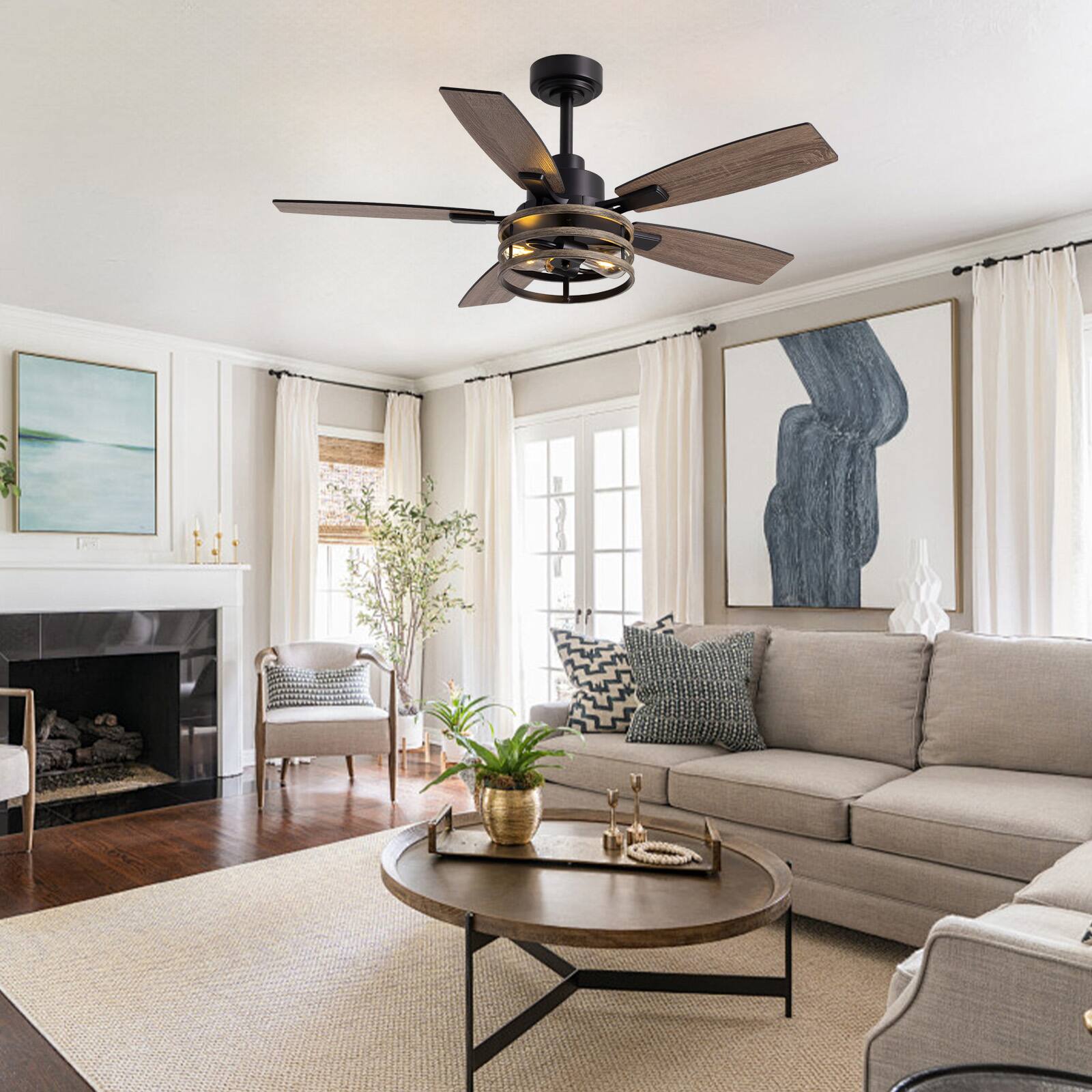 Alt View 7. Siljoy - 46 In Black Rustic Cage Ceiling Fan with Light and Remote for Patio Bedroom Living Room - Wood Brown.