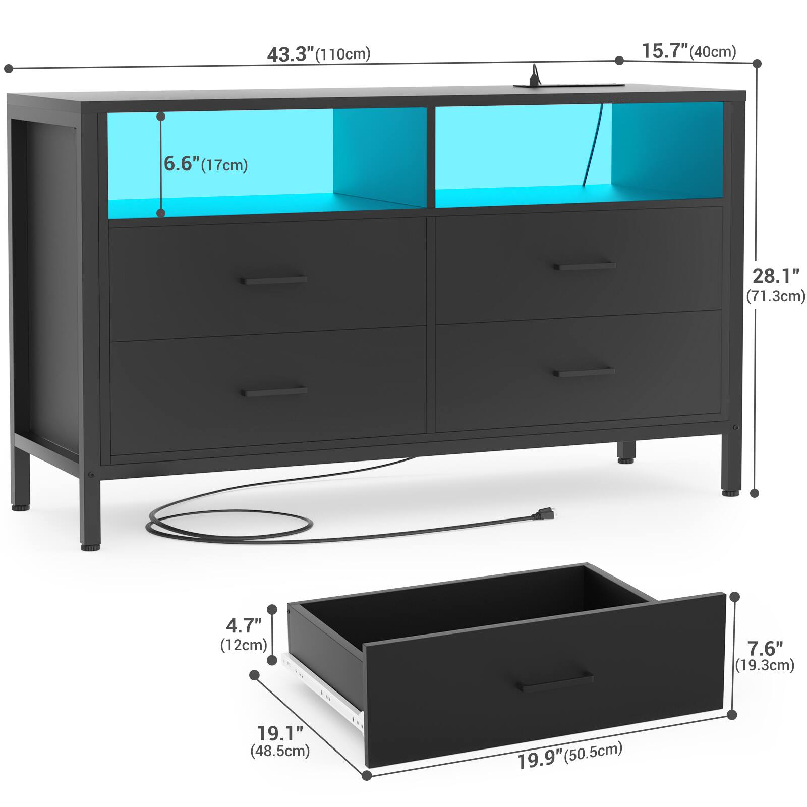 43.3" (110cm)  
15.7" (40cm)  
6.6" (17cm)  
28.1" (71.3cm)  
4.7" (12cm)  
7.6" (19.3cm)  
19.1" (48.5cm)  
19.9" (50.5cm)