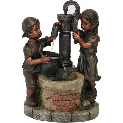 Front. Sunnydaze - Jack and Jill at Water Pump and Well Water Fountain - 24 in - Bronze.