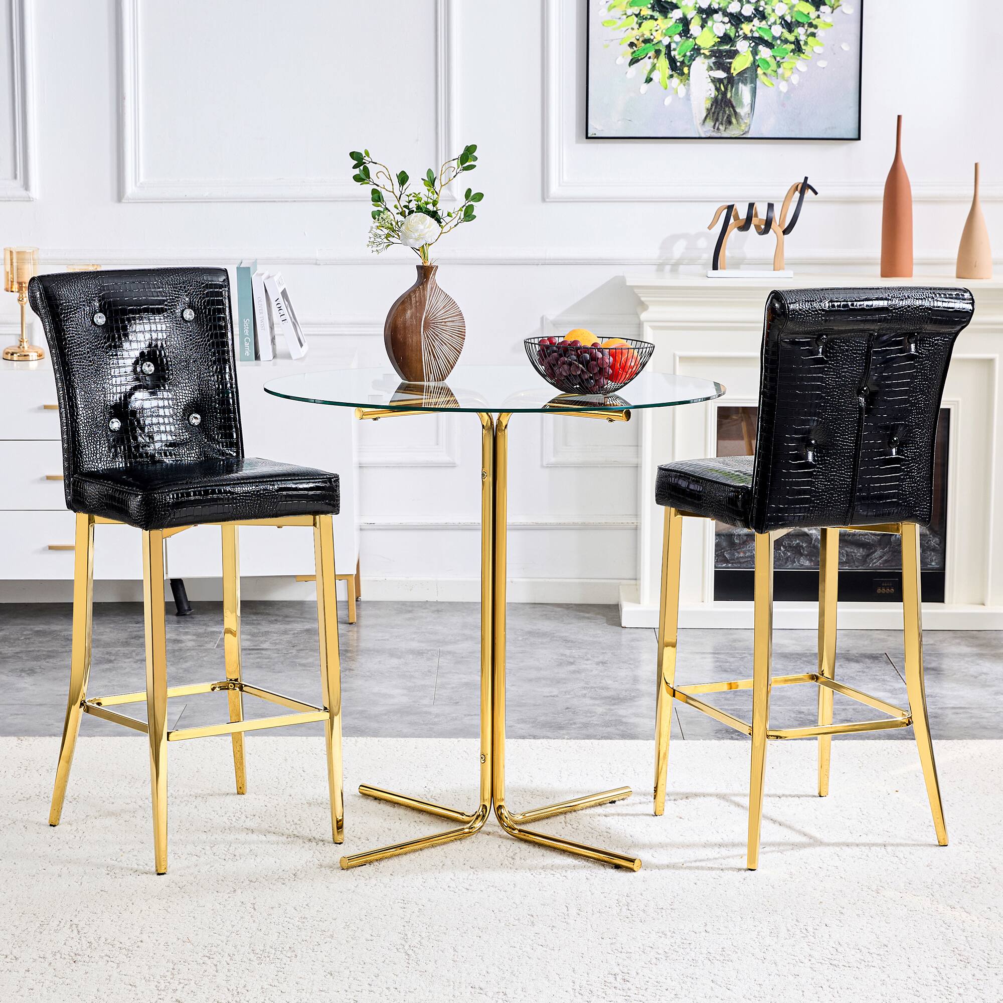 Left. Loheer - Set of 2 Vintage Bar Chairs Faux Crocodile Leather Crystal Tufted Stools 21.3x17x45 in - Black.