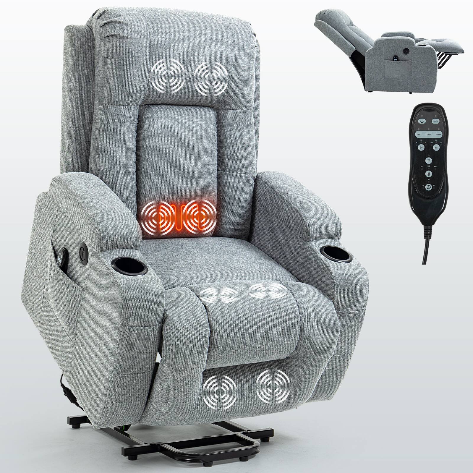Alt View 7. LUCKY ONE - Chenille Single Motor Power Lift Recliner Chair with Massage and Heat, Infinite Position, USB, Cup Holder - Grey.