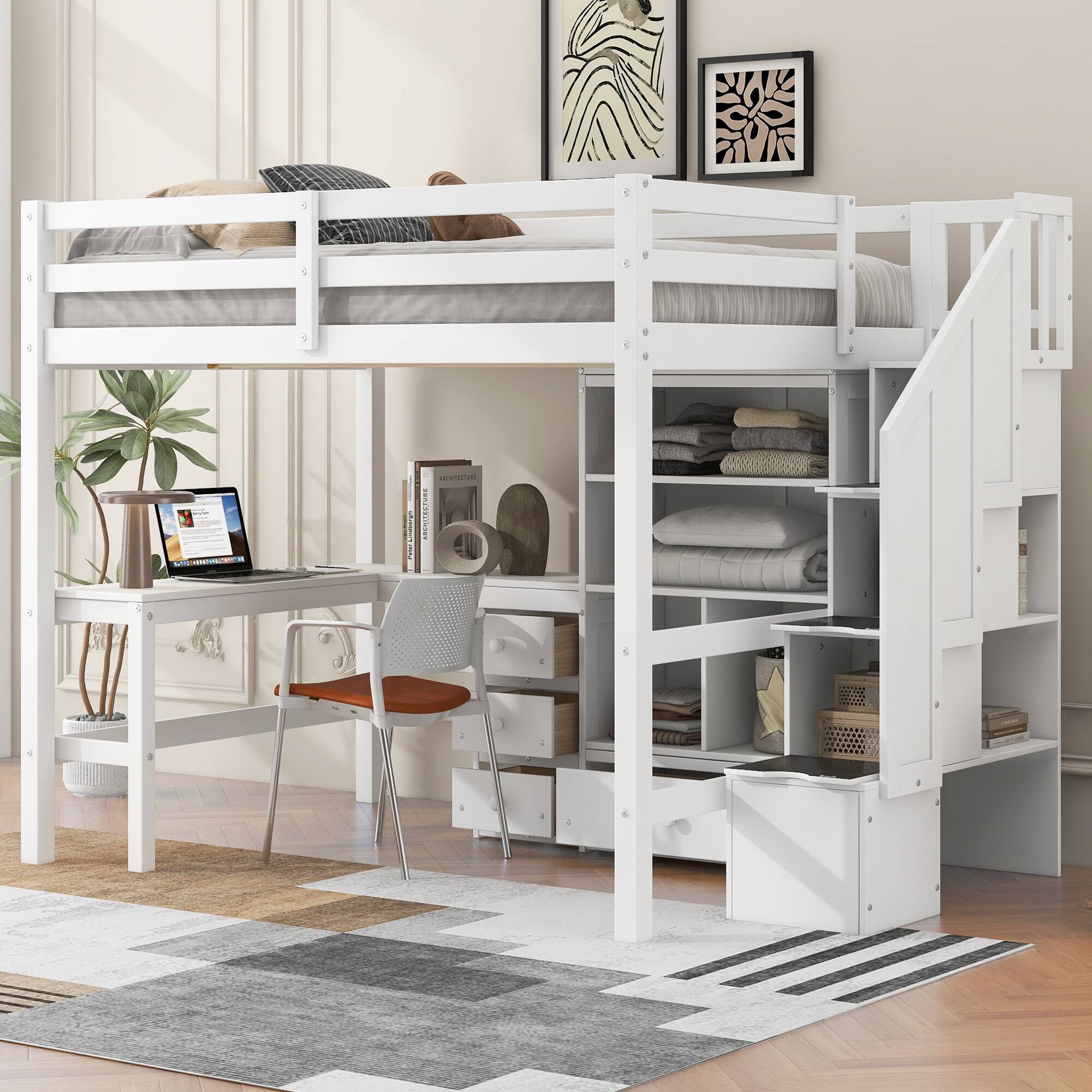 Tiramisubest - Full Size White Pine Loft Bed with L-Shaped Desk, Drawers, Cabinet & Storage Staircase - White