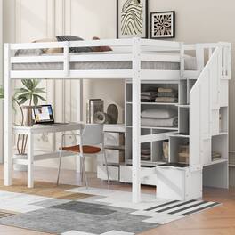 Tiramisubest - Full Size White Pine Loft Bed with L-Shaped Desk, Drawers, Cabinet & Storage Staircase - White