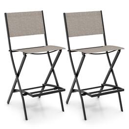 Gymax - Folding Bar Stools Set of 2 Patio Sling Chairs w/ Backrest Humanized Footrest - Coffee