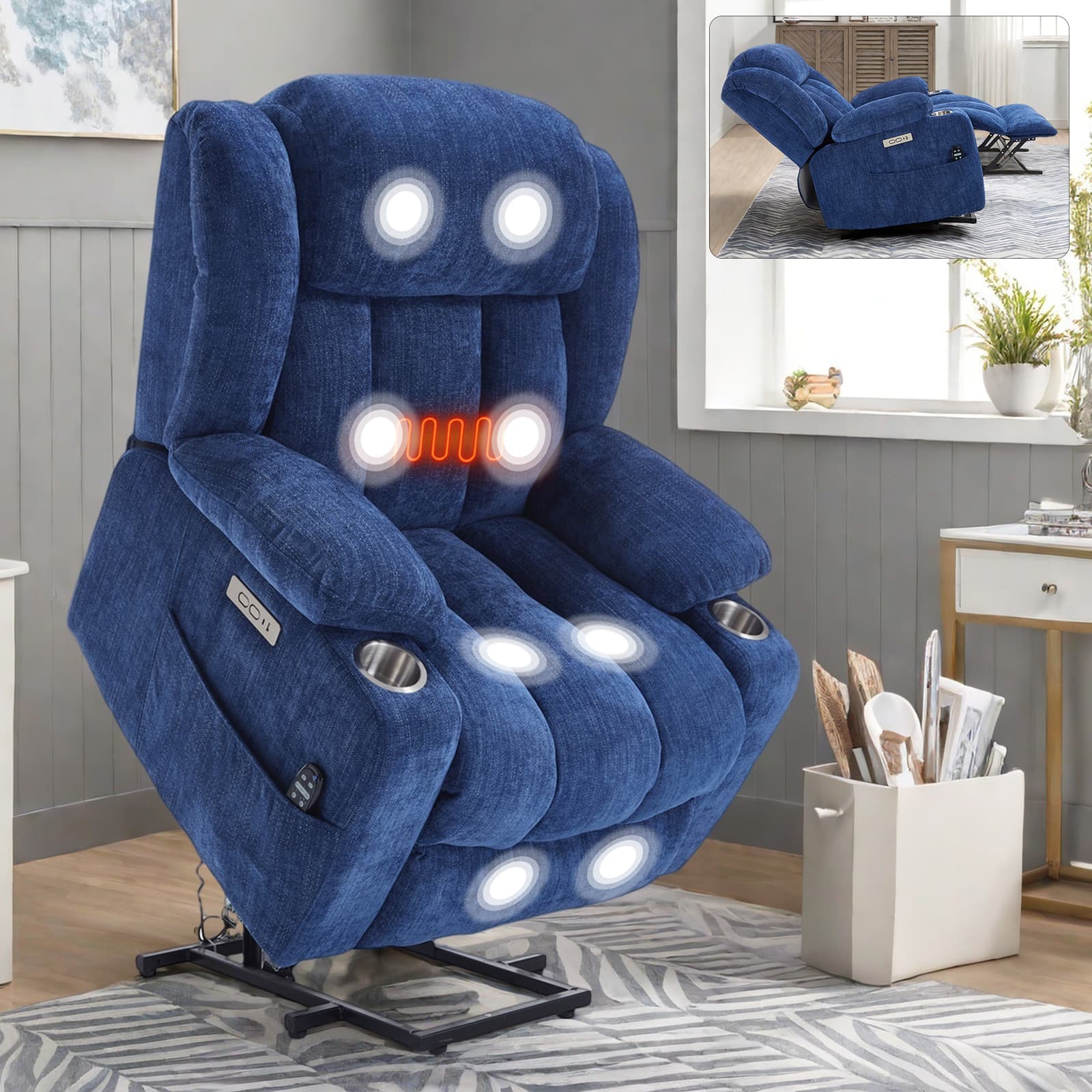 PexFix - Power Lift Recliner Chair with Massage & Heat, 350 LBS Capacity, USB & Type-C Ports, for Elderly, Heavy Duty - Blue