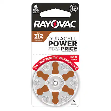6 PACK Zinc Air Batteries RAYOVAC Size 312 Hearing Aid DURACELL Batteries POWER BUDGET-FRIENDLY PRICE Based on ANSI runtime CUT TO RESISTANT PACKAGING OPEN CHILD 6 Zinc Air Batteries