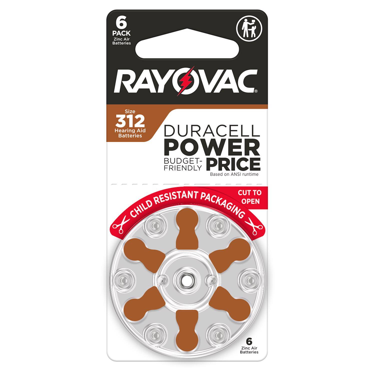 6 PACK Zinc Air Batteries RAYOVAC Size 312 Hearing Aid DURACELL Batteries POWER BUDGET-FRIENDLY PRICE Based on ANSI runtime CUT TO RESISTANT PACKAGING OPEN CHILD 6 Zinc Air Batteries