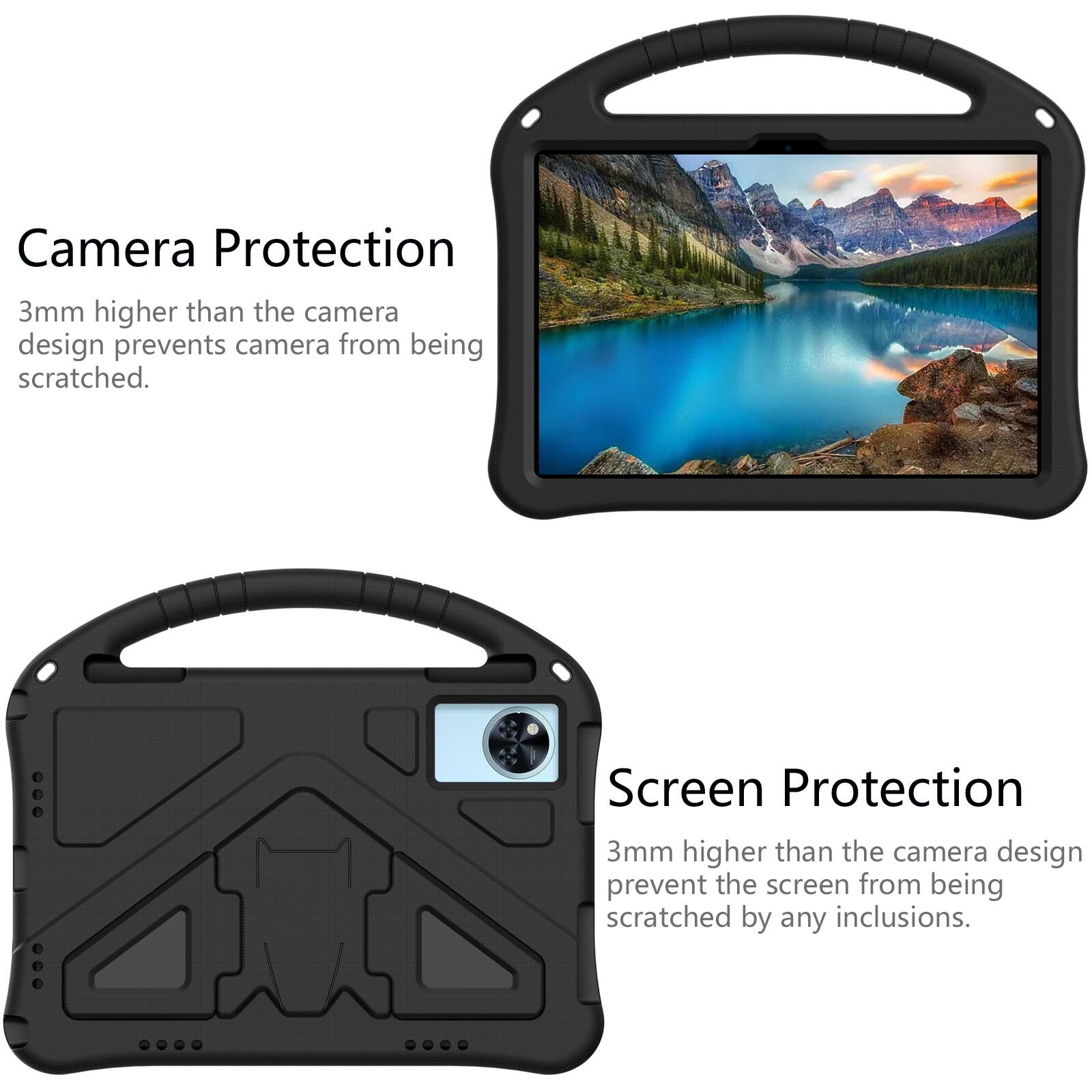 Camera Protection  
3mm higher than the camera design prevents camera from being scratched.  

Screen Protection  
3mm higher than the camera design prevent the screen from being scratched by any inclusions.
