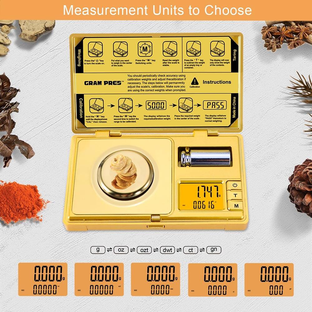 **Measurement Units to Choose**

- **g** (grams)
- **oz** (ounces)
- **ozt** (troy ounces)
- **dwt** (pennyweight)
- **ct** (carats)
- **gn** (grains)

---

**Instructions**

1. **Calibration:**
   - Hold the "M" key and "CAL" until the display shows "5000".
   - Press the "M" key again to switch the range to calibrated.
   - The display will show "PASS" when the calibration is complete.

2. **Taring:**
   - Place an empty tray on the scale.
   - Press the "T" key to tare the scale.
   - The display will now show the weight of the contents.

3. **Weighing:**
   - Press the "T" key to turn the scale on.
   - Put what you want to weigh on the scale.
   - Press the "M" key to start weighing.

4. **Checking Accuracy:**
   - You should periodically check accuracy using calibration weights and adjust the calibration if necessary.
   - Make sure you are using the correct weights when prompted.

---

**Warning:**
- The display shows