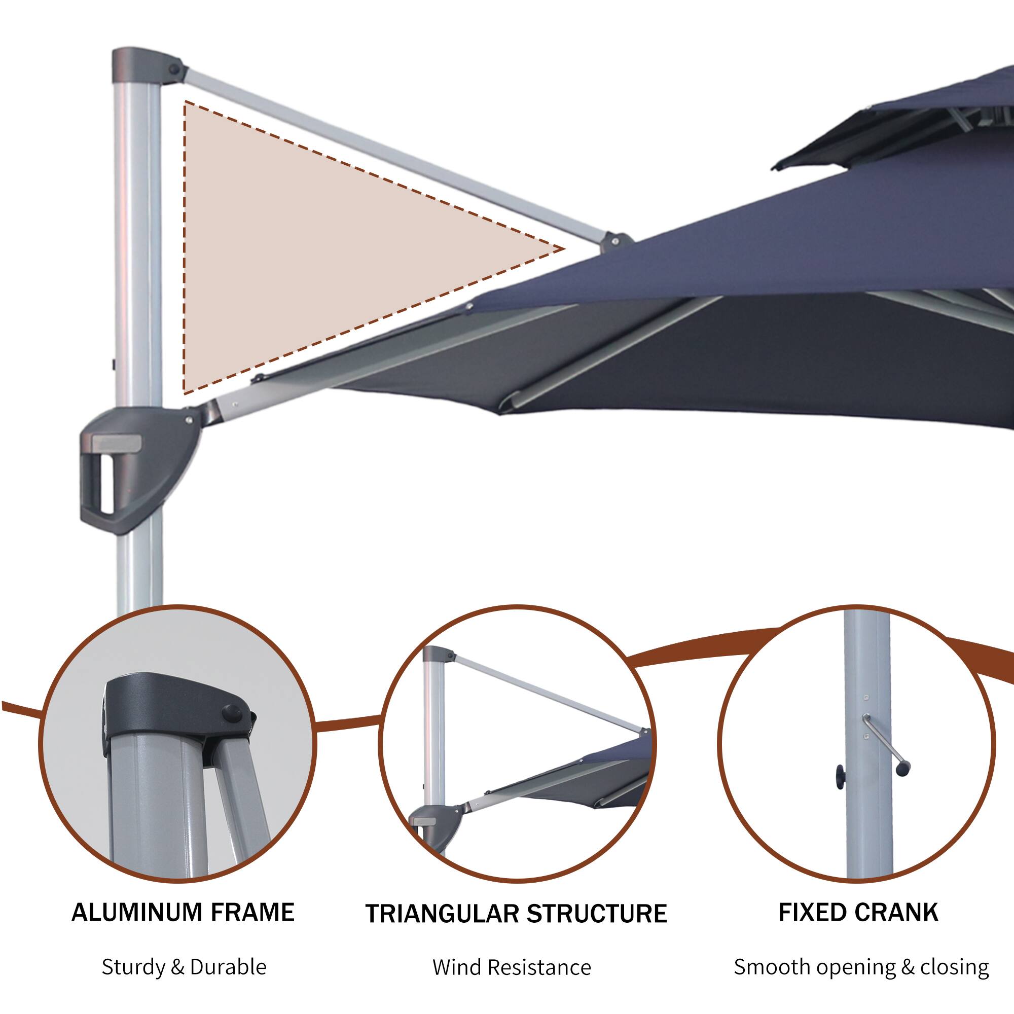 ALUMINUM FRAME  
Sturdy & Durable  

TRIANGULAR STRUCTURE  
Wind Resistance  

FIXED CRANK  
Smooth opening & closing