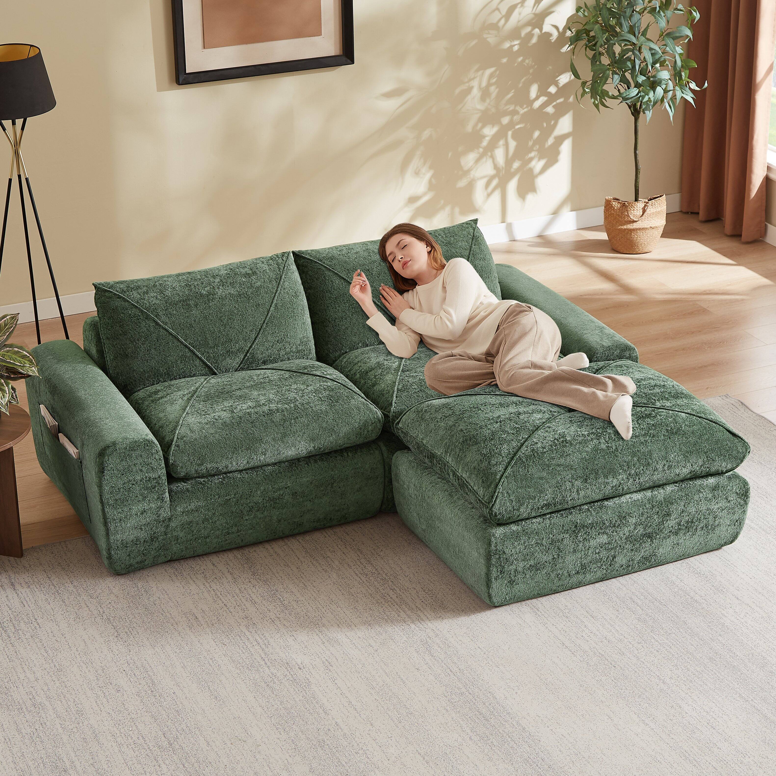 Left. Loheer - Loheer Modern Minimalist Chenille Sectional Sofa with Ottoman Spacious Living Room Couch for Apartments - Green.