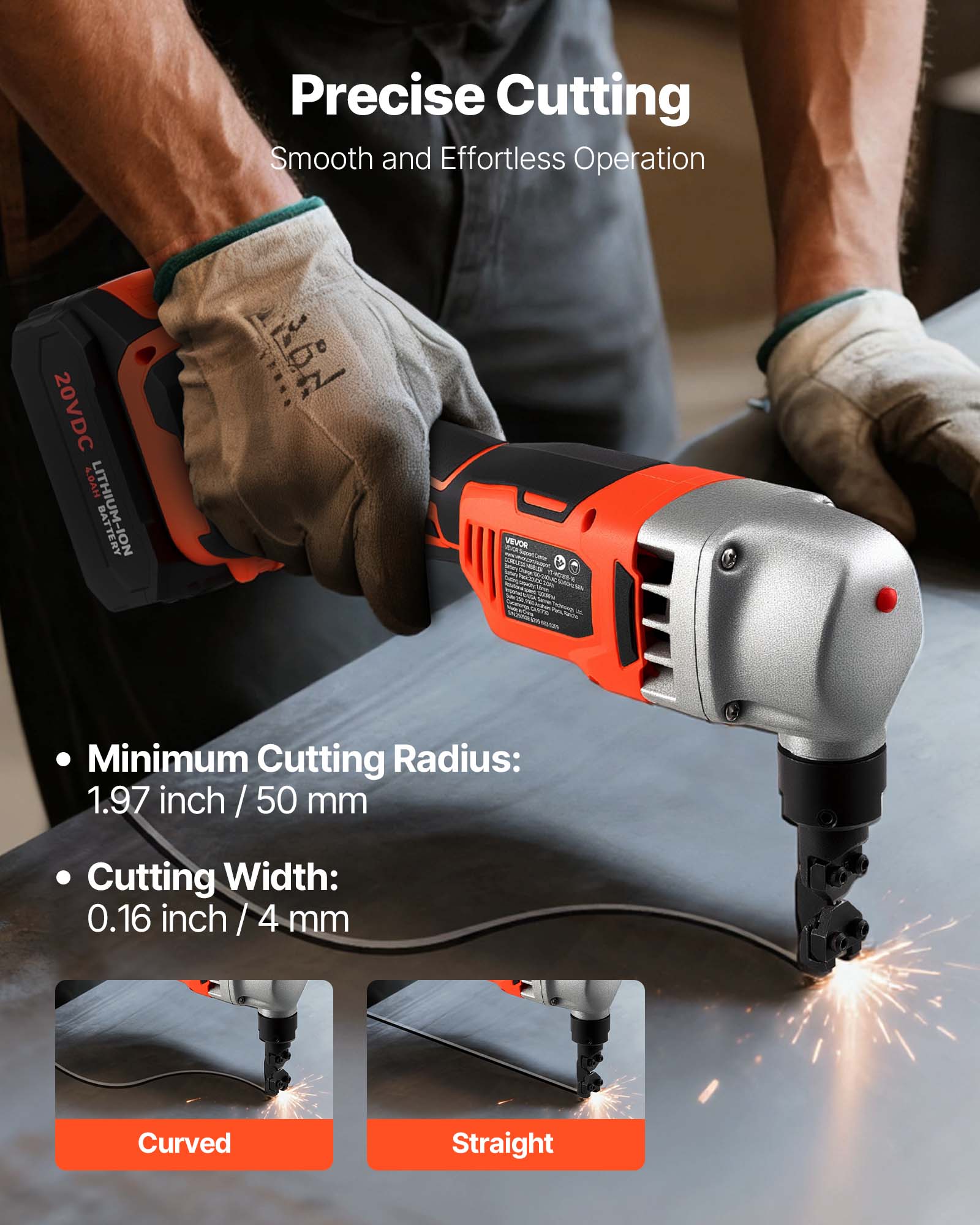 Precise Cutting  
Smooth and Effortless Operation  

20VDC A.DAH LITHIUM-ION BATTERY  

- Minimum Cutting Radius: 1.97 inch / 50 mm  
- Cutting Width: 0.16 inch / 4 mm  

Curved  
Straight