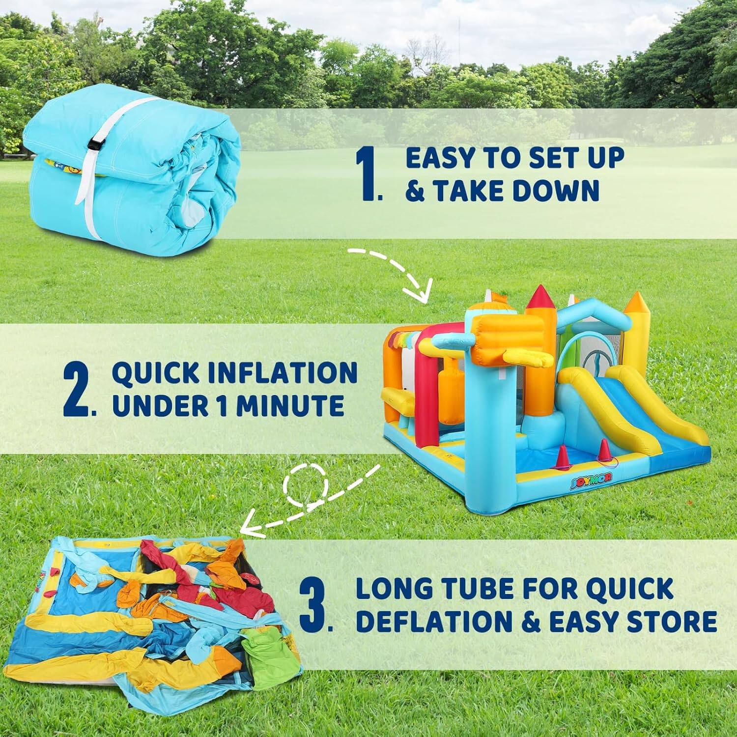 EASY TO SET UP & TAKE DOWN  
QUICK INFLATION UNDER 1 MINUTE  
LONG TUBE FOR QUICK DEFLATION & EASY STORE