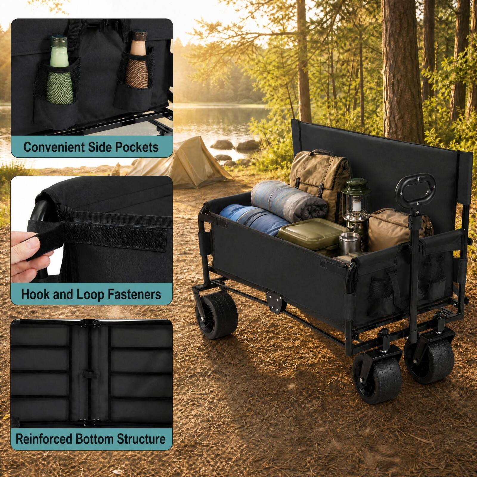 Convenient Side Pockets  
Hook and Loop Fasteners  
Reinforced Bottom Structure