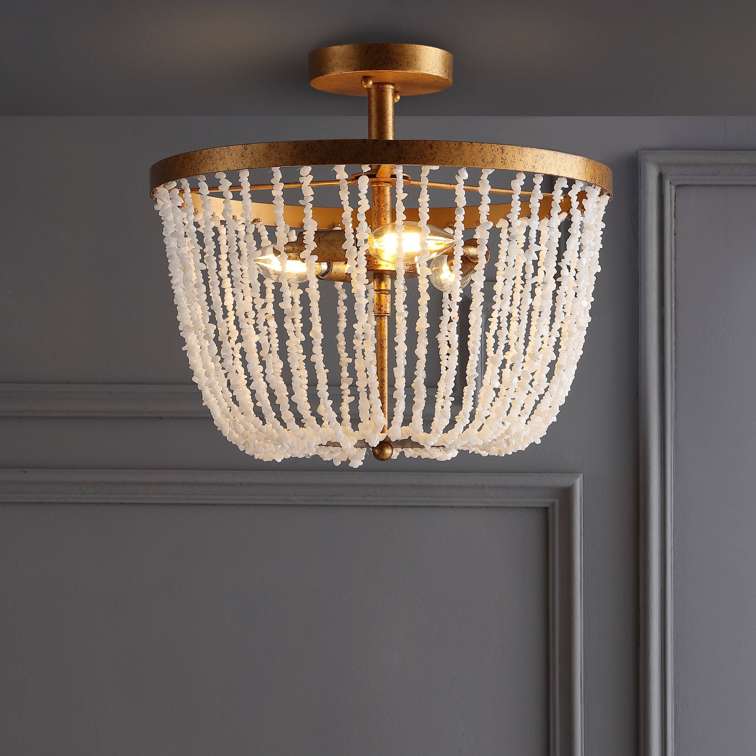 Alt View 1. Jonathan Y - Georgian 15" Stone/Metal LED Flush Mount, Antique Gold / White - Antique Gold.