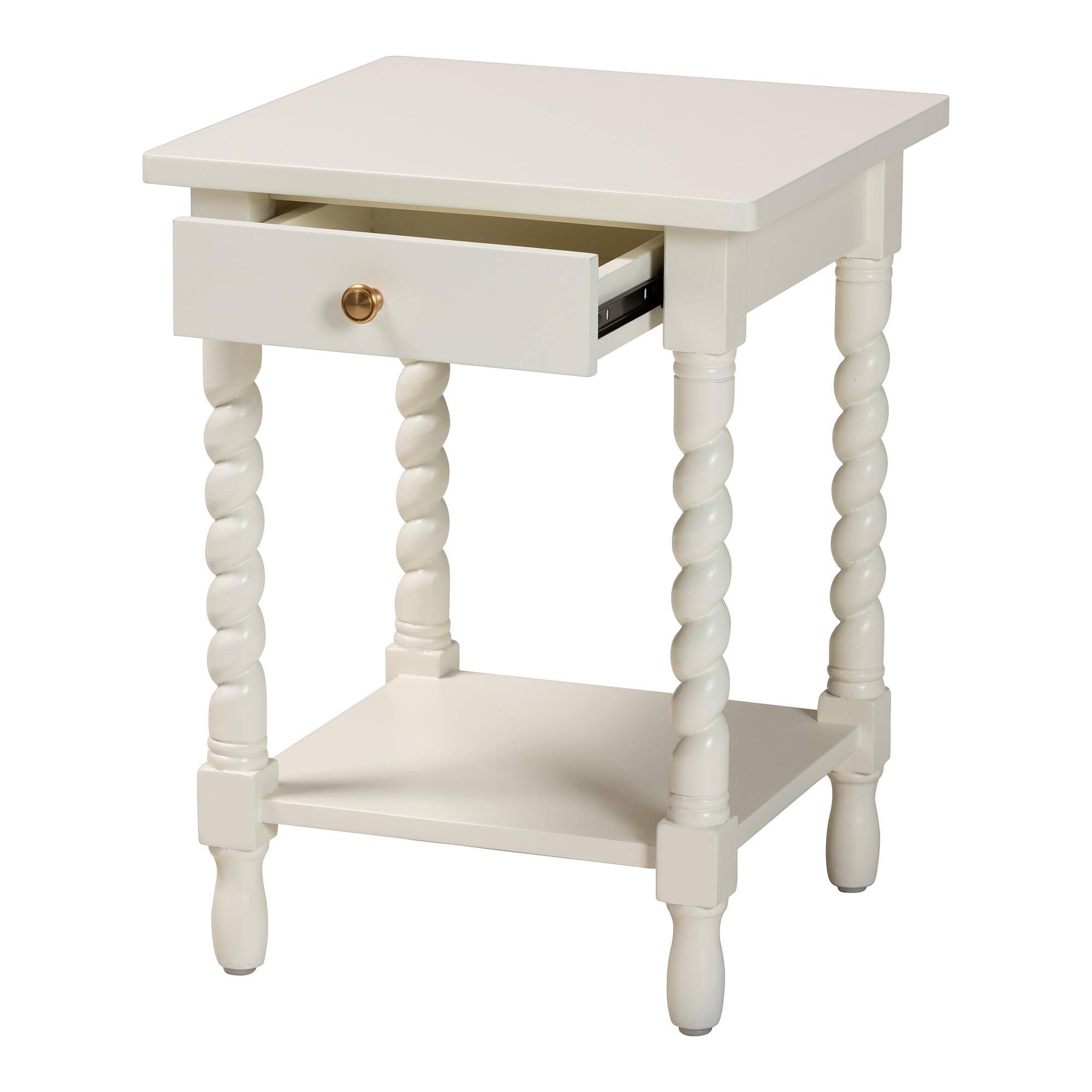 Angle. bali & pari - Baxton Studio Niklas Nightstand with Twisted Legs - 1-Drawer Bedroom Side Table with Storage Shelf, White - White.