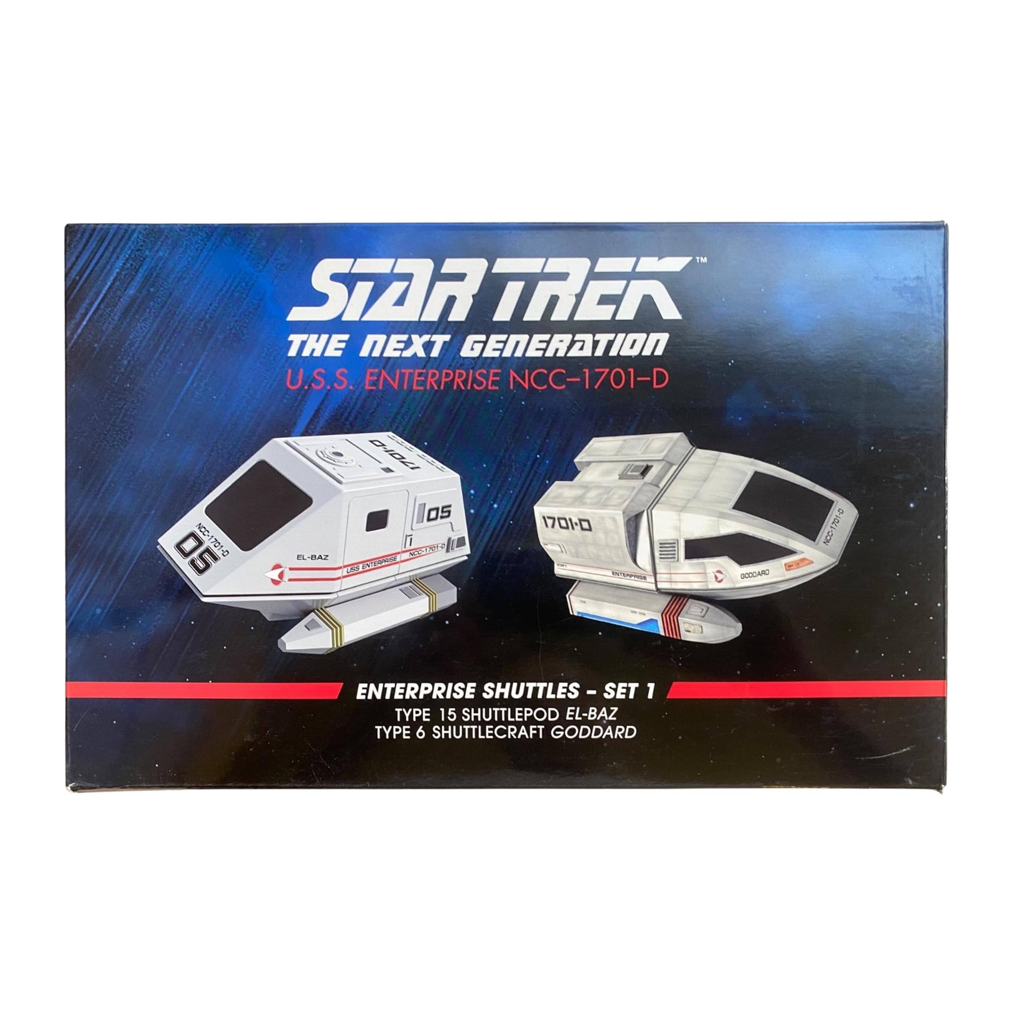 1M STAR TREK THE NEXT GENERATION U.S.S. ENTERPRISE NCC-1701-D NCC 05 ! EL8AZ 0100 05 CUAR FOS e 1701- IRTODARO NC2-1.701-00 ENTERPRISE SHUTTLES - SET 1 TYPE 15 SHUTTLEPOD EL-BAZ TYPE 6 SHUTTLECRAFT GODDARD