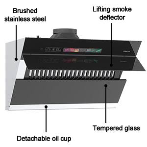 Brushed stainless steel  
Lifting smoke deflector  
Detachable oil cup  
Tempered glass