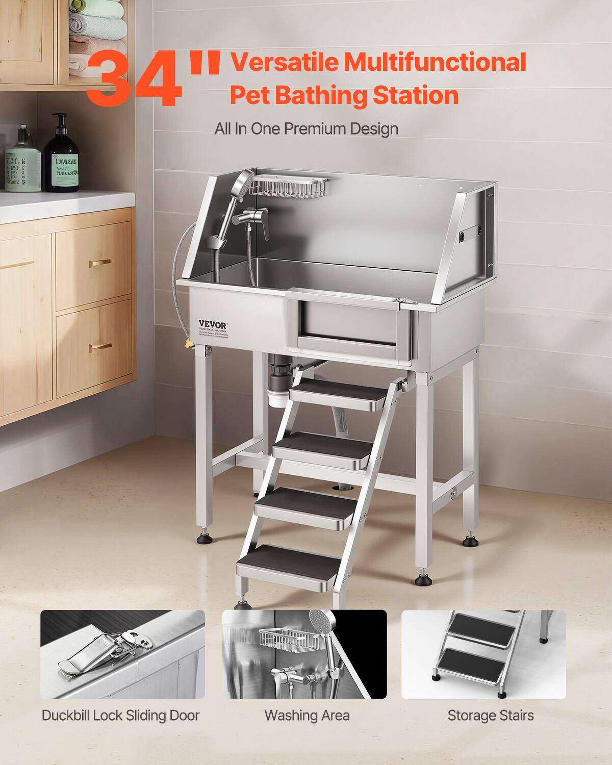 Versatile Multifunctional 34" Pet Bathing Station All In One Premium Design - NTC 0 LYALIC SU Ma VEVOR Duckbill Lock Sliding Door Washing Area Storage Stairs