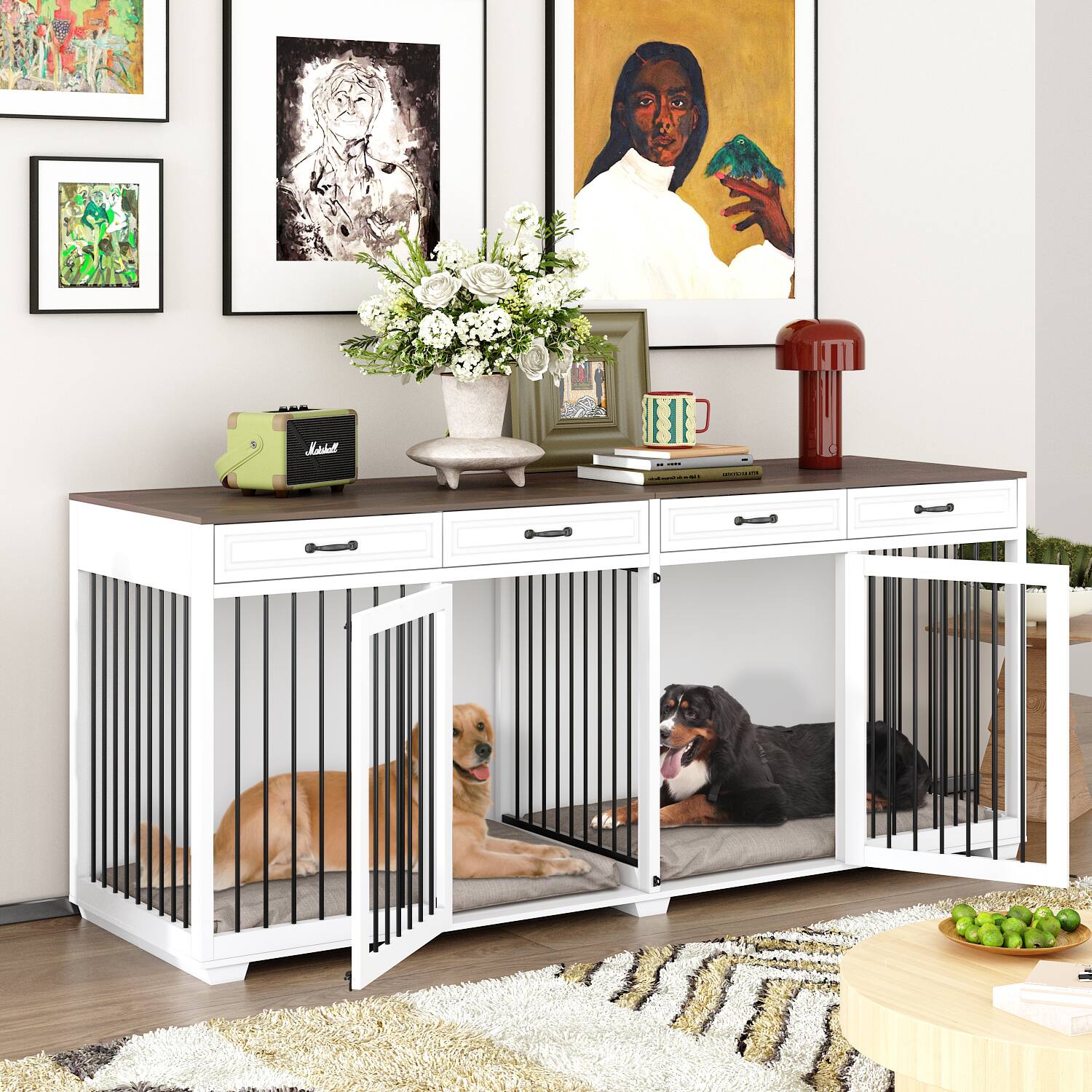 Left. Famapy - Large Furniture Style Double Dog Crate with Divider & Drawers, Wooden Pet Kennel TV Stand, Indoor Dog Cage for 2 Dogs.