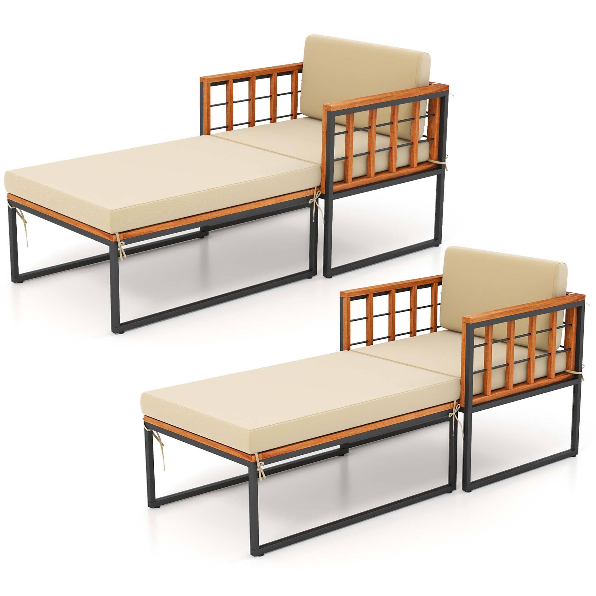 Alt View 6. Costway - 2 PCS Outdoor Furniture Set Patio Acacia Wood Armchair with Long Ottoman Cozy Seat - Beige.