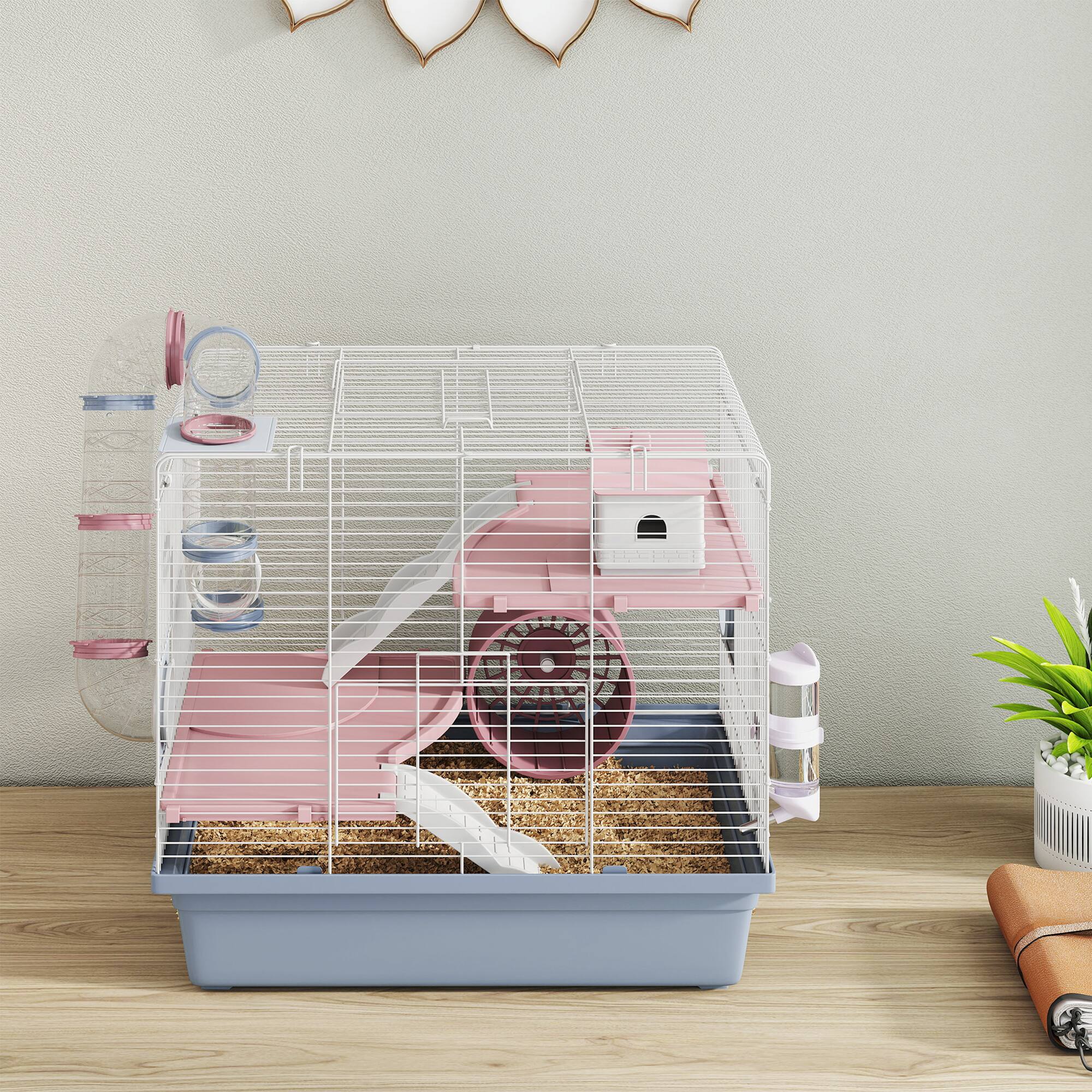 Alt View 7. Pawhut - Cage, 3-Tier Small Animal Cage with Exercise Wheel, Food Bowl, Water Bottle, House - Blue.