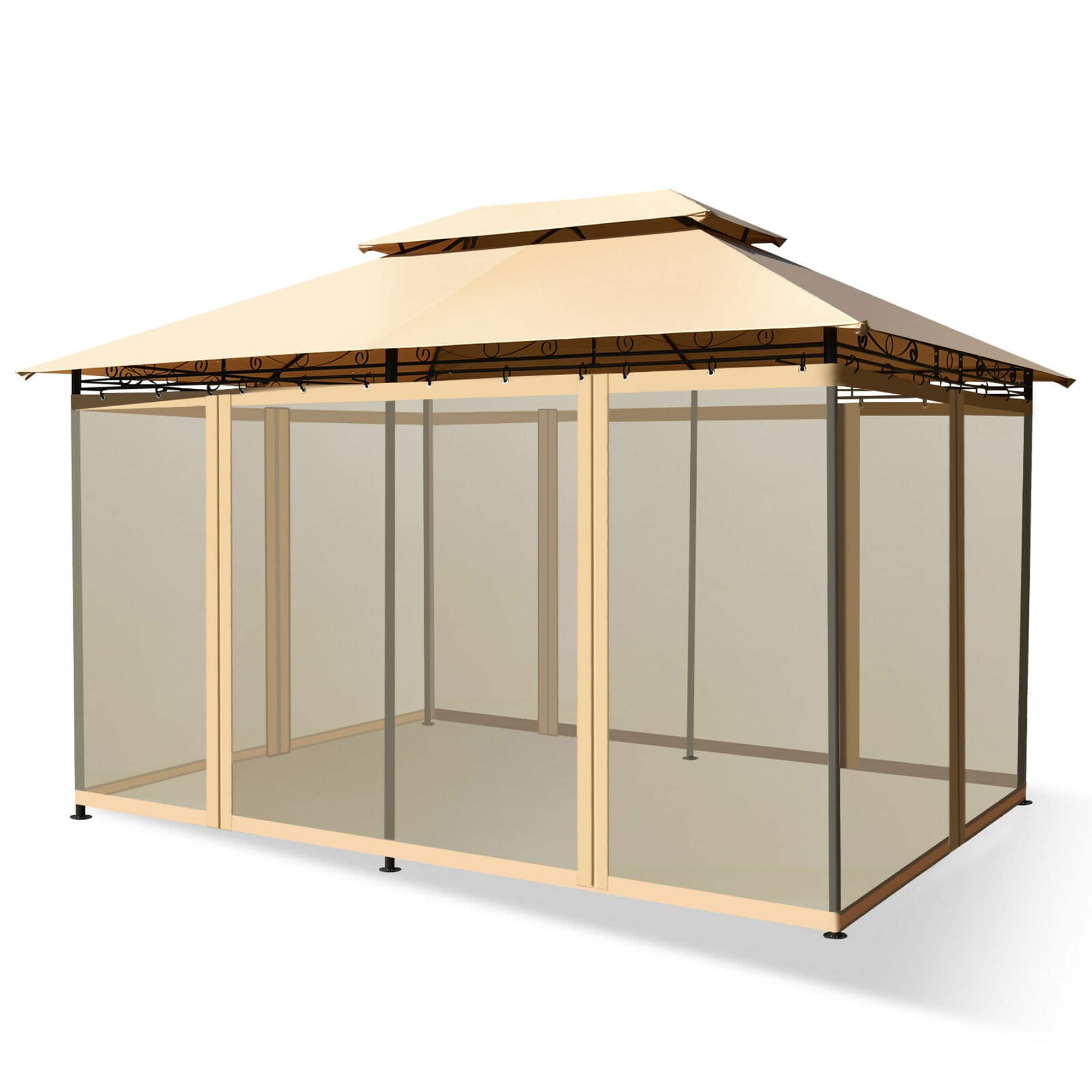 Front. Costway - Costway 2-Tier 10'x13' Steel Gazebo Canopy Tent Shelter Patio Garden Outdoor Netting - Tan.