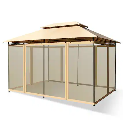 Front. Gymax - Gymax 2-Tier 10'x13' Steel Gazebo Canopy Tent Shelter Patio Garden Outdoor Netting Tan - Tan.