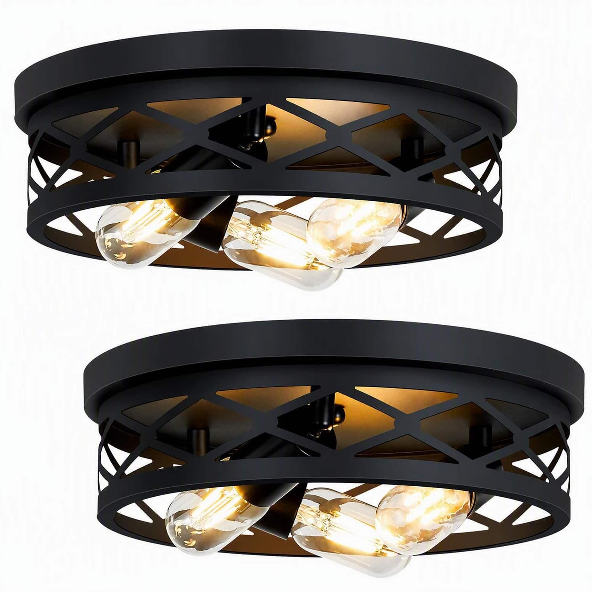 RYHNUYNE - 2-Pack Round Matte Black Flush Mount Ceiling Light – 3-Light Industrial Cage Fixture for Hallway, Kitchen, Bedroom