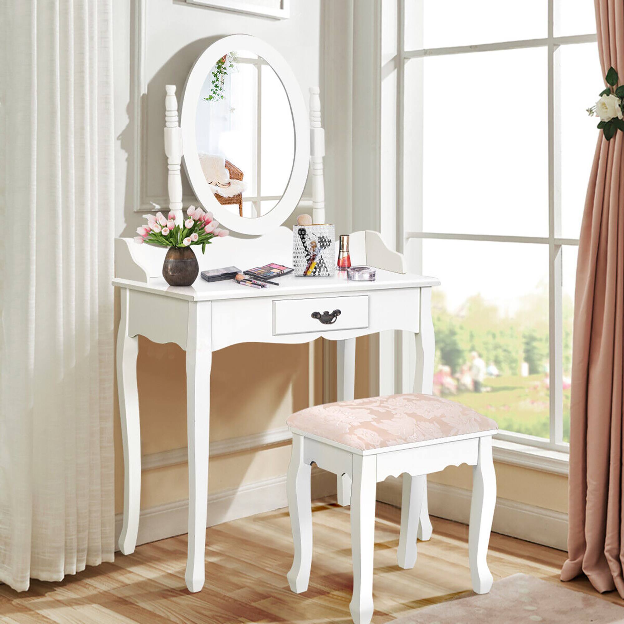Alt View 3. Gymax - Gymax Vanity Wood Makeup Dressing Table Stool Set w/ Drawer & Mirror Jewelry Desk White - White.