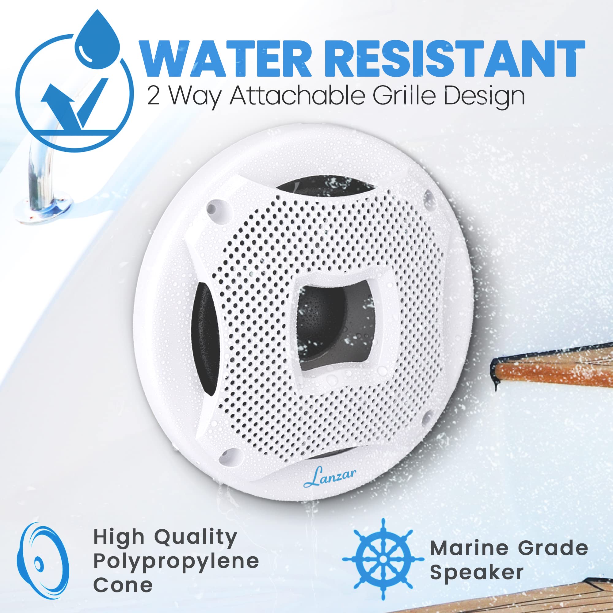 WATER RESISTANT  
2 Way Attachable Grille Design  

High Quality Polypropylene Cone  

Marine Grade Speaker
