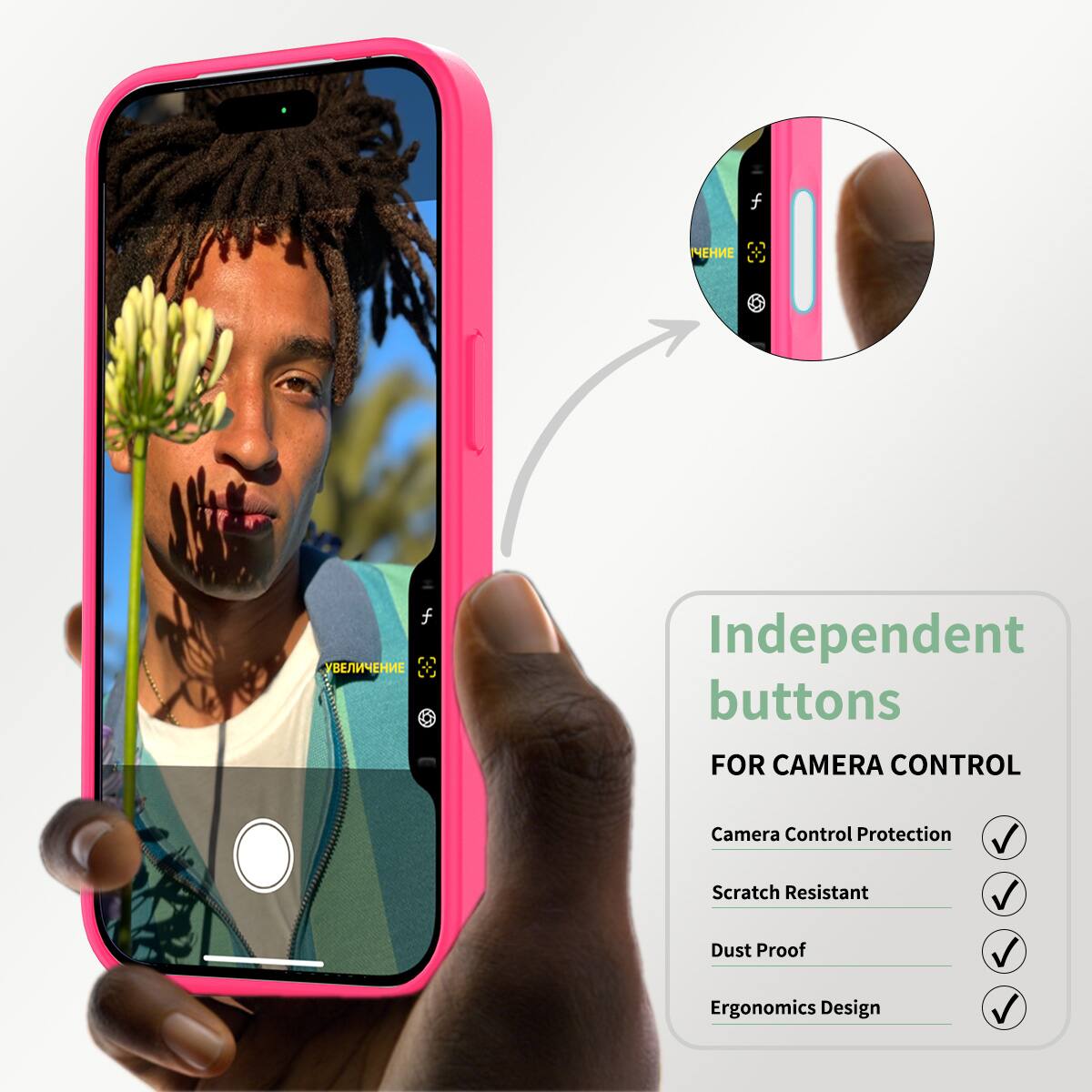 Independent buttons for camera control  
- Camera Control Protection  
- Scratch Resistant  
- Dust Proof  
- Ergonomics Design