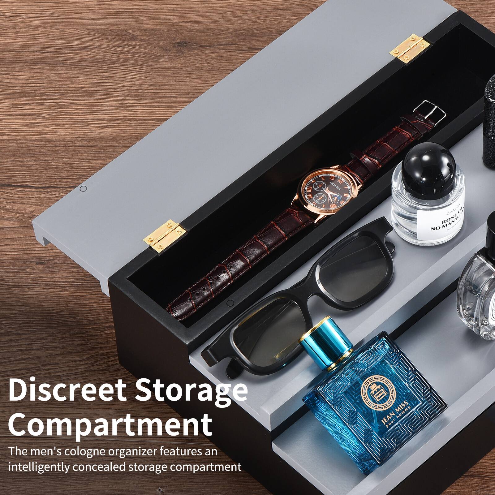Discreet Storage Compartment

The men's cologne organizer features an intelligently concealed storage compartment.