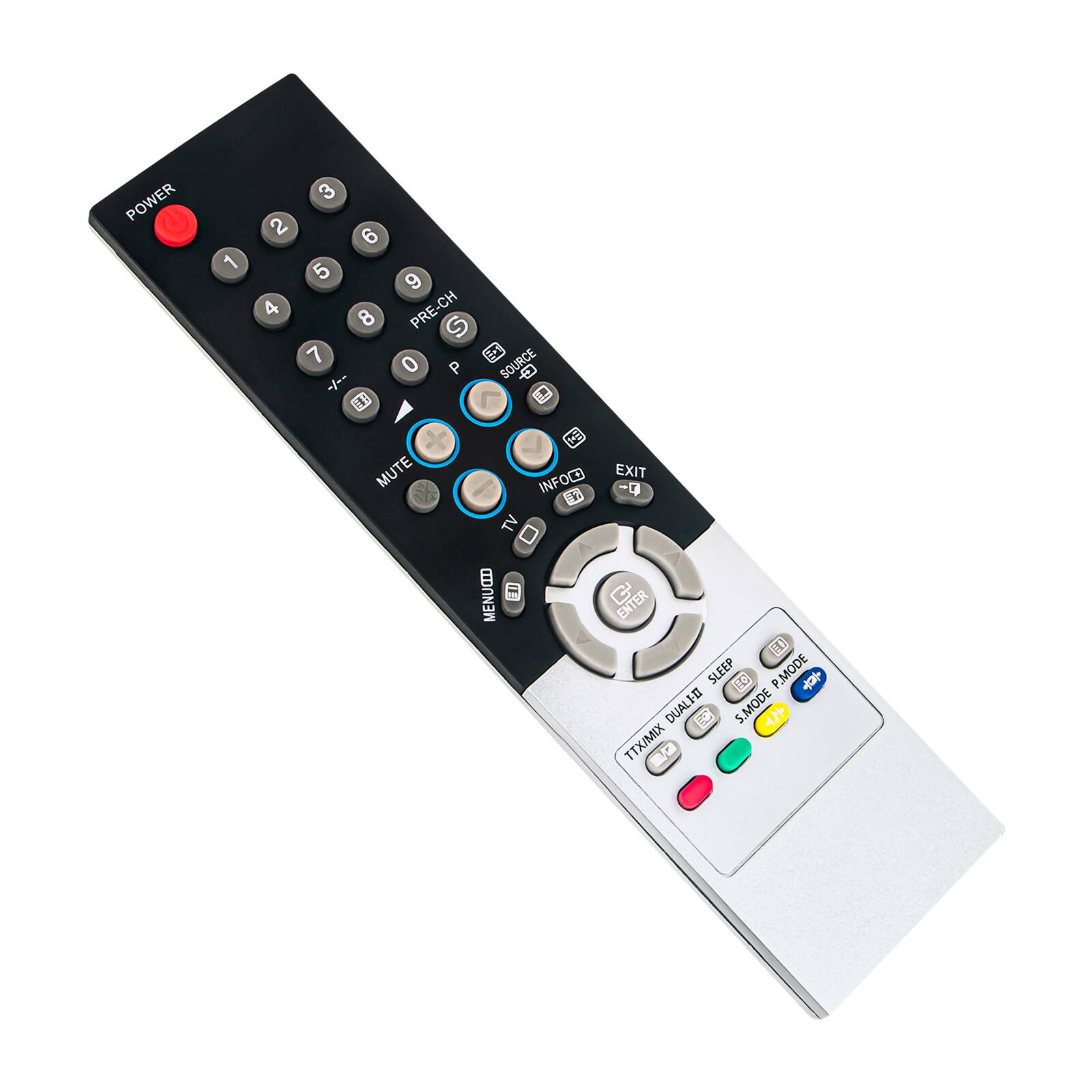 POWER 1 2 3 4 5 6 7 8 9 0 PRE-CH S P SOURCE MUTE EXIT INFO CD TV MENU CD ENTER SLEEP P.MODE DUALI-D S.MODE TTX/MIX