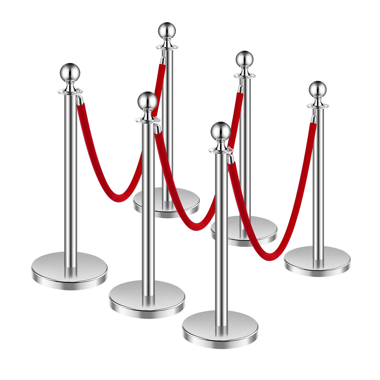 Alt View 5. VEVOR - Stanchions and Velvet Ropes 6Pcs, Hollow Base with Stainless Steel Post, 3 Red Velvet Ropes and Posts - Silver red velvet.
