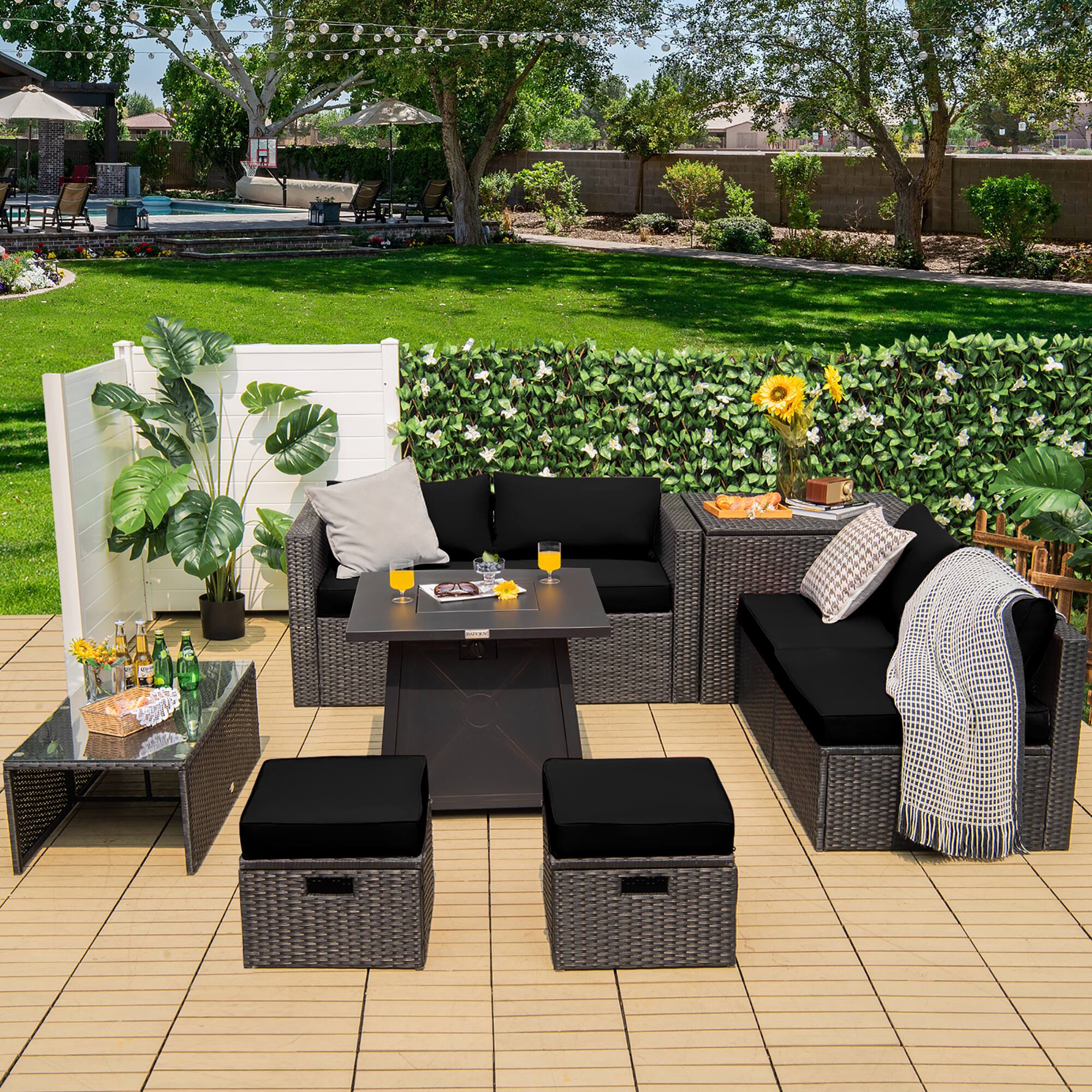 Alt View 2. Costway - Costway 9PCS Patio Rattan Furniture Set Fire Pit Space-saving W/Cover Black Cushion cover - Black.