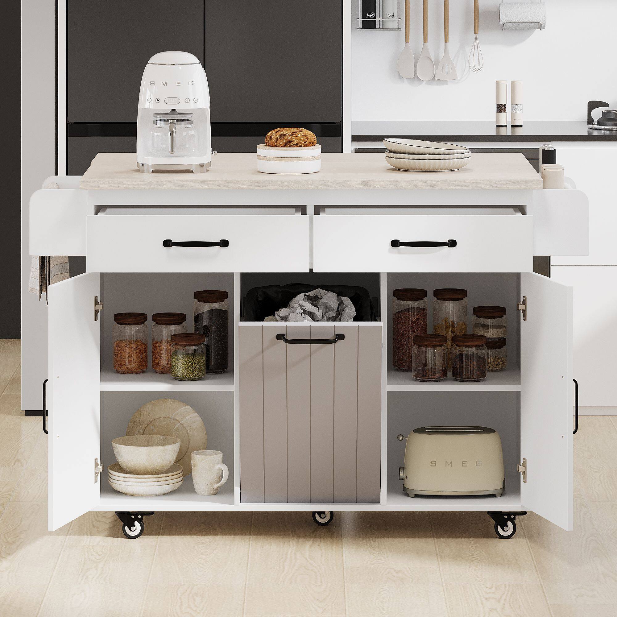 Angle. Mirfee - Kitchen Island with Trash Storage, Drop Leaf, Spice Rack, Towel Rack, Drawer, on Wheels - Ameican White Oak.