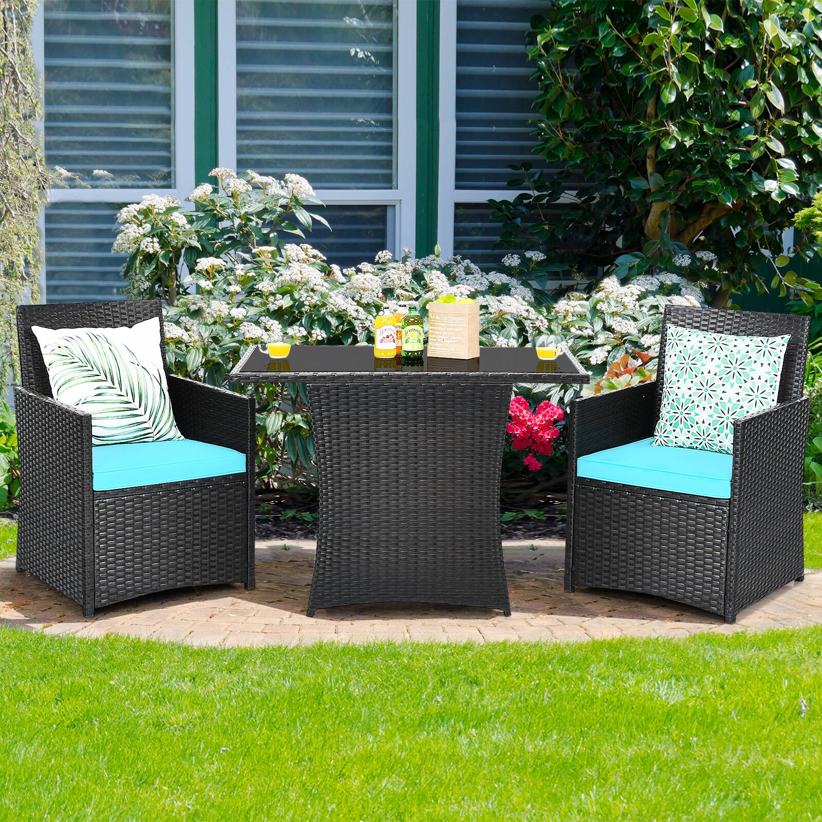 Alt View 3. Costway - Costway  3PCS Patio Rattan Furniture Set Cushion Sofa Armrest Garden - Turquoise.