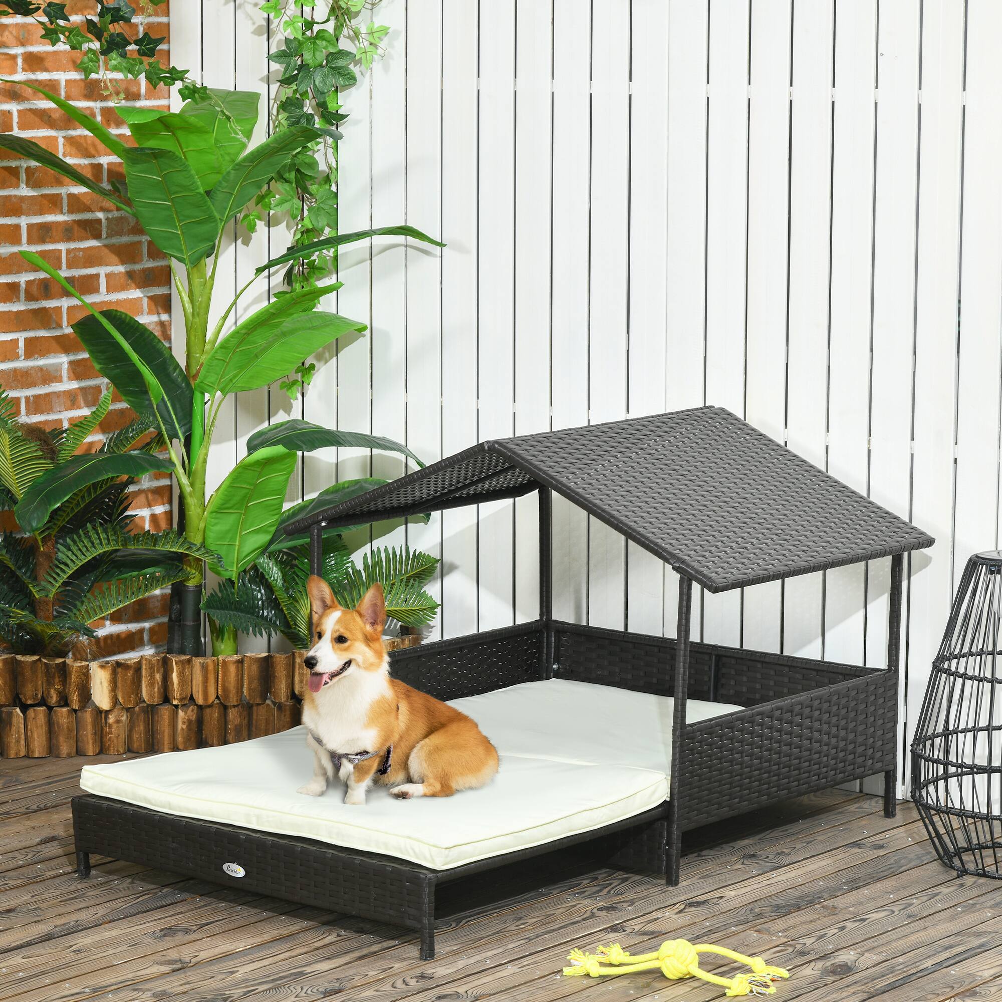 Angle. Pawhut - Outdoor Wicker Dog House with Canopy, Extendable Rattan Bed, Soft Cushion Removable Cover, Small/Medium - Cream White.