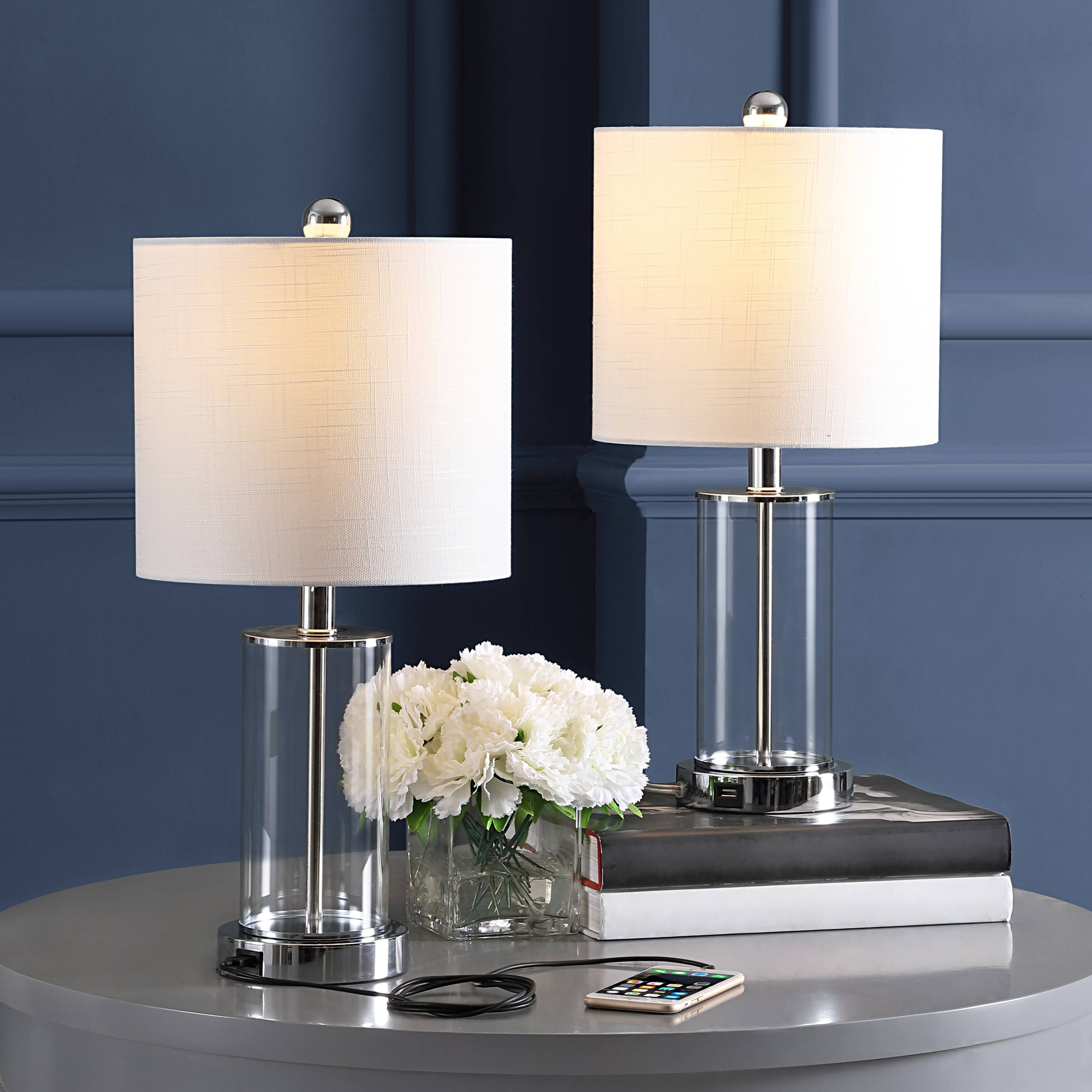 Alt View 1. Jonathan Y - Abner 21" Glass Modern Contemporary USB Charging LED Table Lamp, Chrome (Set of 2) - Chrome/Clear.