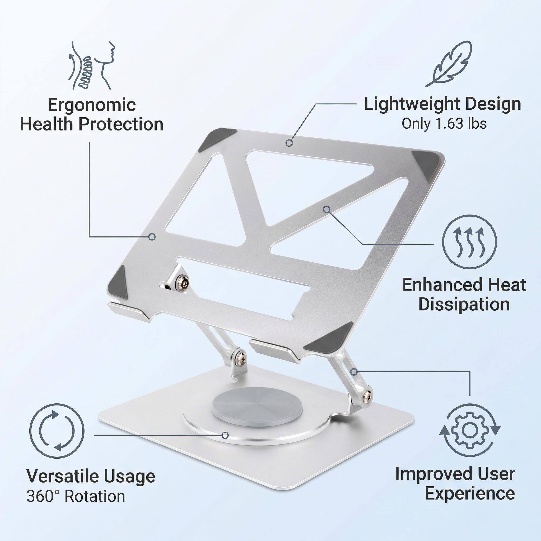 1. Ergonomic Health Protection
2. Lightweight Design Only 1.63 lbs
3. Enhanced Heat Dissipation
4. Versatile Usage 360° Rotation
5. Improved User Experience