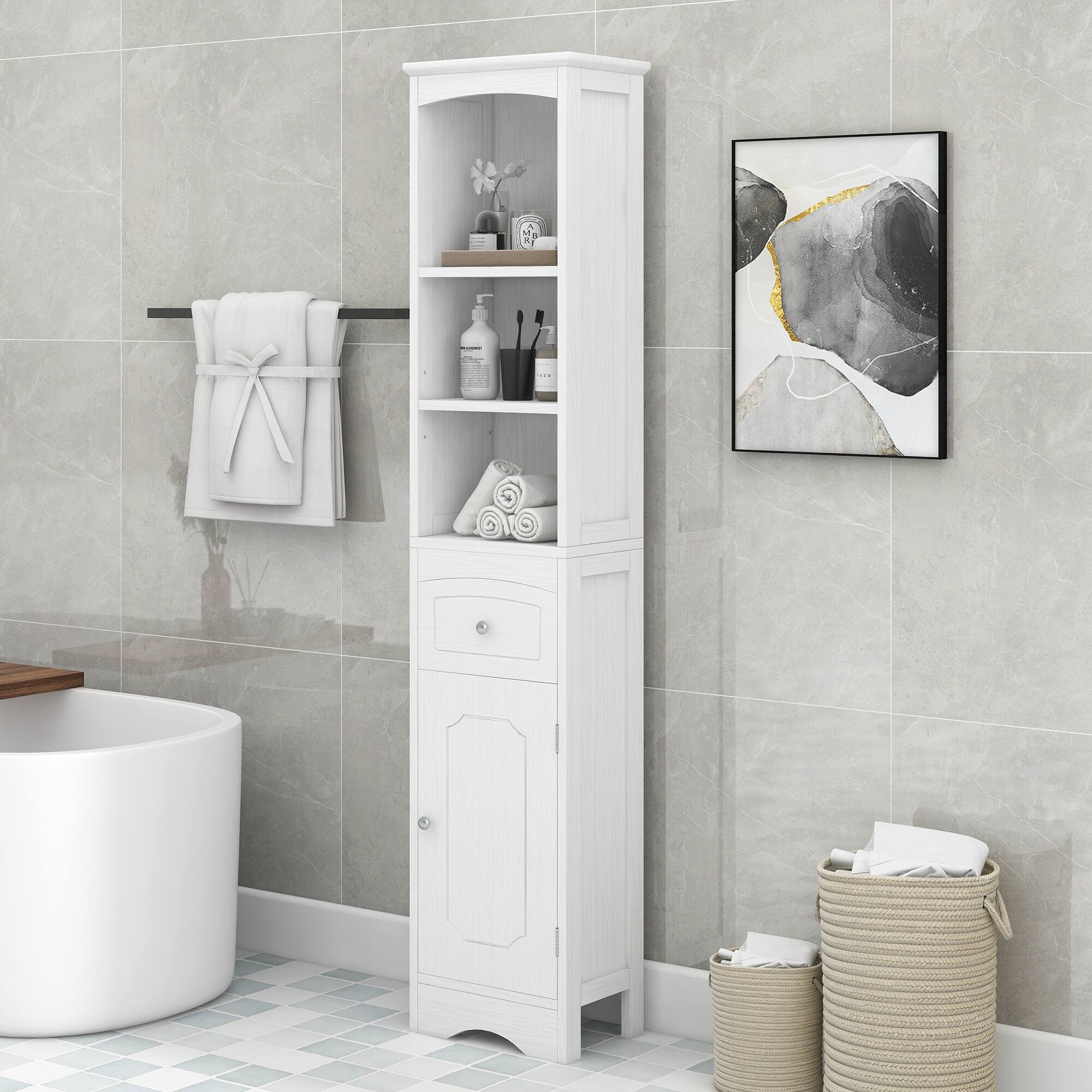 Alt View 5. Ecooso - Tall Freestanding Bathroom Cabinet with Drawer, MDF Board, Adjustable Shelf - White.