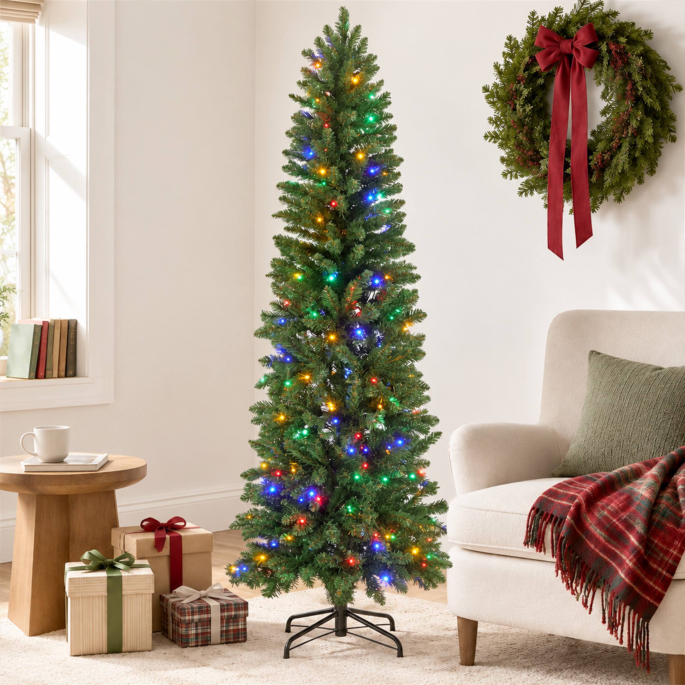 Alt View 4. Sweetcrispy - Pre-lit Slim Hinged Christmas Tree with Multicolor LED Lights - Green.