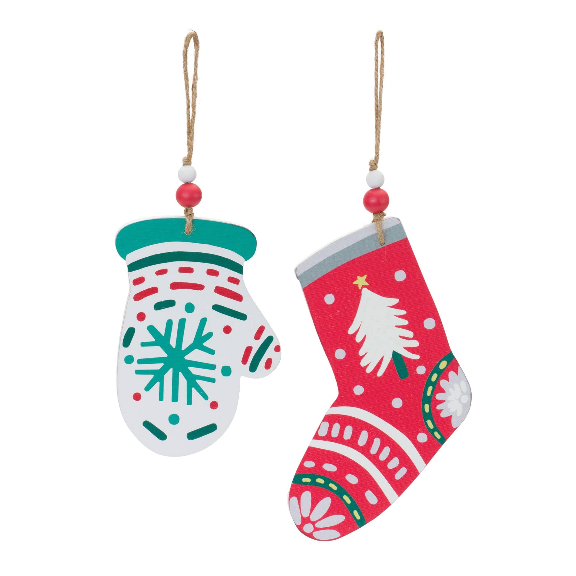Angle. BreeBe - Wood Mitten and Stocking Ornaments (Set of 12) - Green, Red, White.